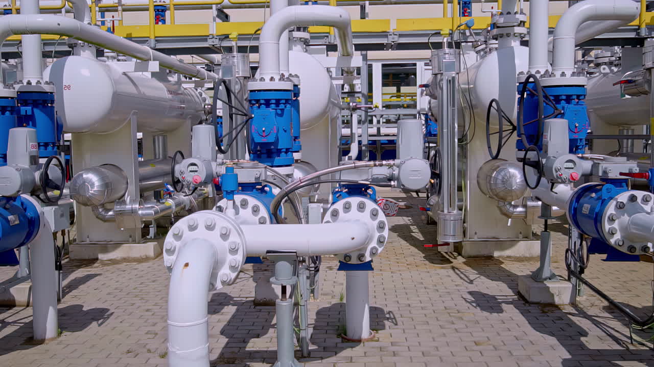 Industrial gas pipeline station with valves, tanks and metal pipes in bright daylight