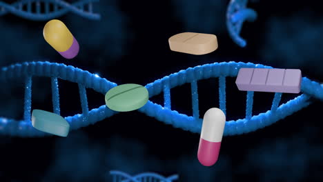 animation of pills medication over dna strands spinning