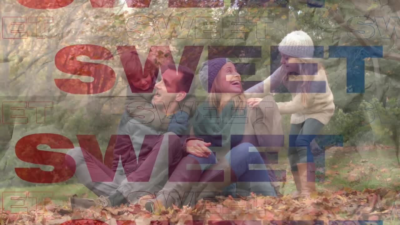 animación de texto dulce en rojo y azul, sobre padres felices, hijo e hija en el parque en otoño
