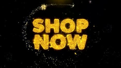 shop now text on gold particles fireworks display.