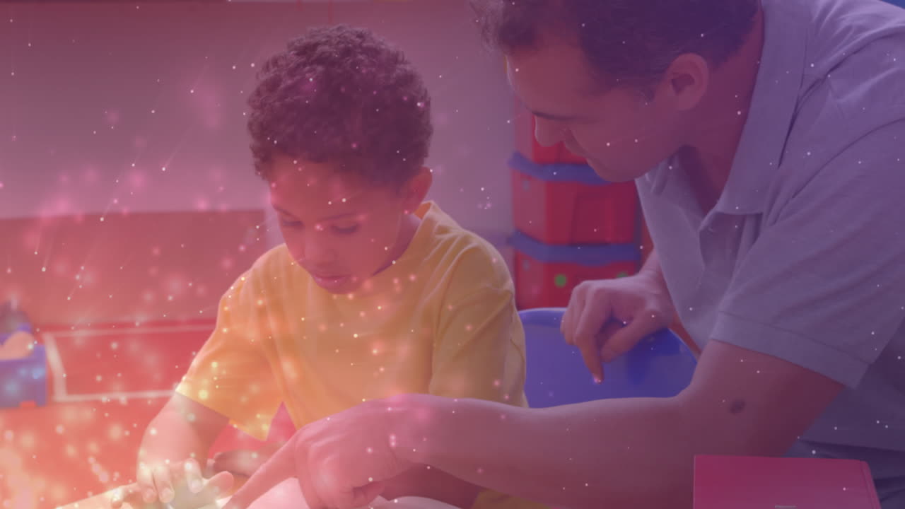 아프리카계 미국인 학교생을 돕는 백인 남성 선생님에 대한 빛의 반점 애니메이션