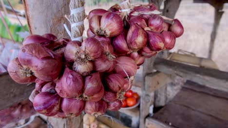 bunches of dried red onion shallots hanging from a rural market stall in southeast asia