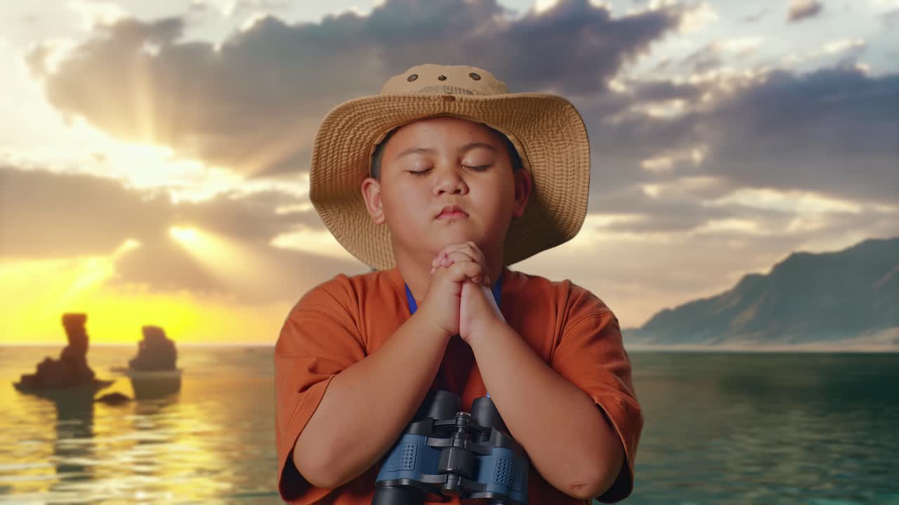 Asian Boy With A Hat And Binoculars Praying For Something on Beach. Boy Researcher Examines Something, Travel Tourism Adventure Concept, Close Up