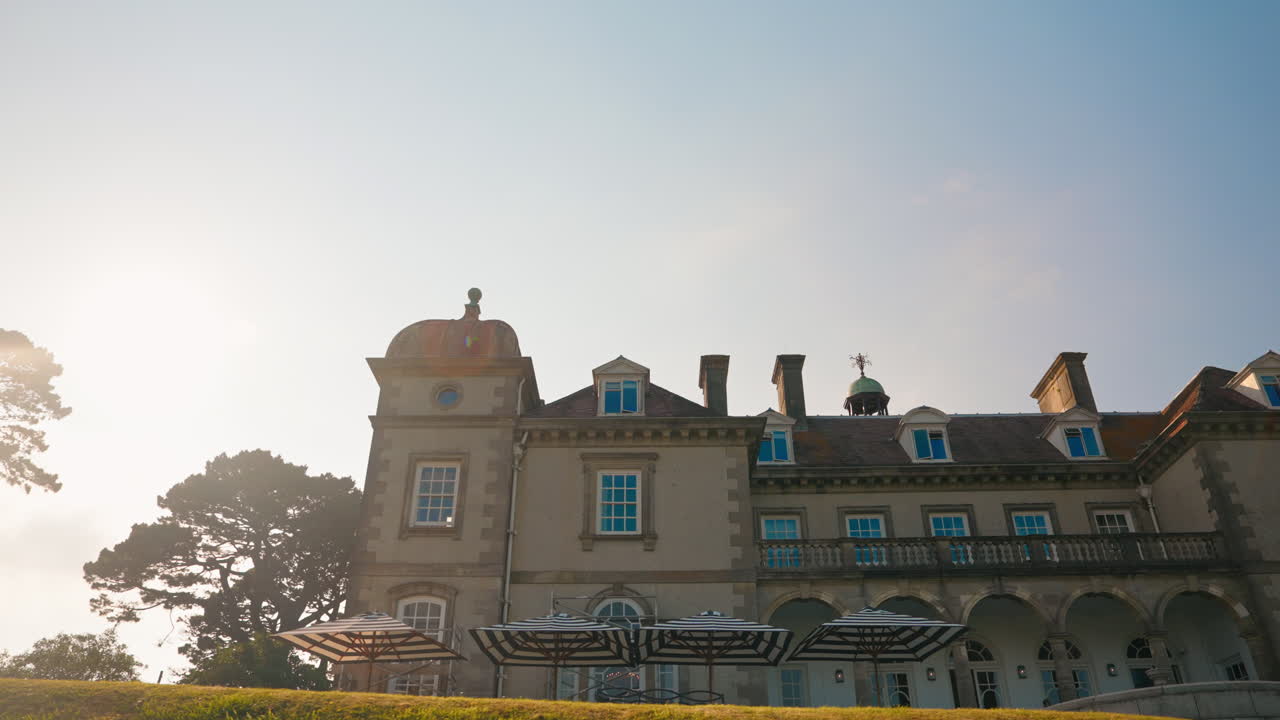 Outside shot of the Fowey hall 5 star luxury hotel in Cornwall, united Kingdom. Family-friendly boutique hotel.