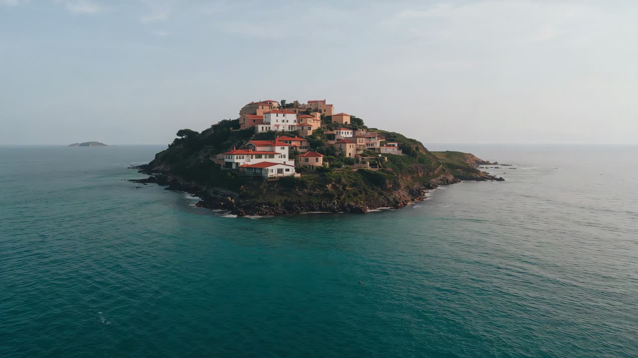 Angolazione della camera con drone in avvicinamento che rivela una piccola isola rocciosa in mare, mostrando più chiaramente i tetti rossi