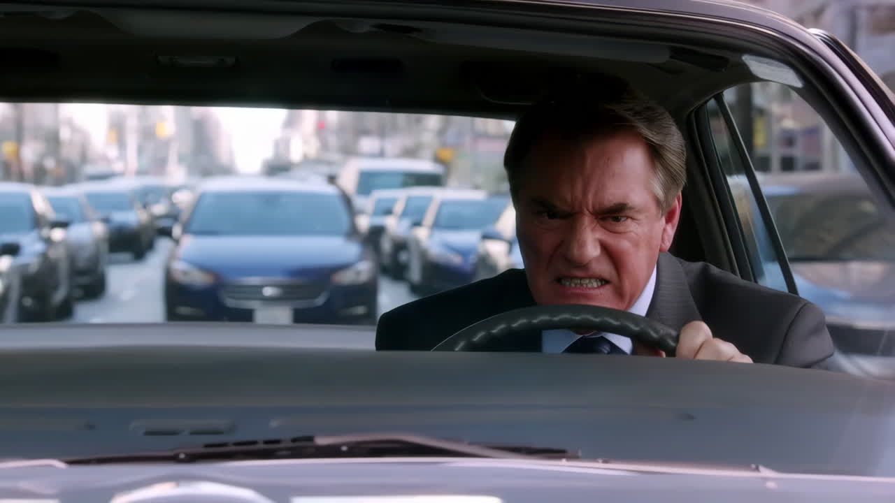 A man experiencing road rage in heavy traffic