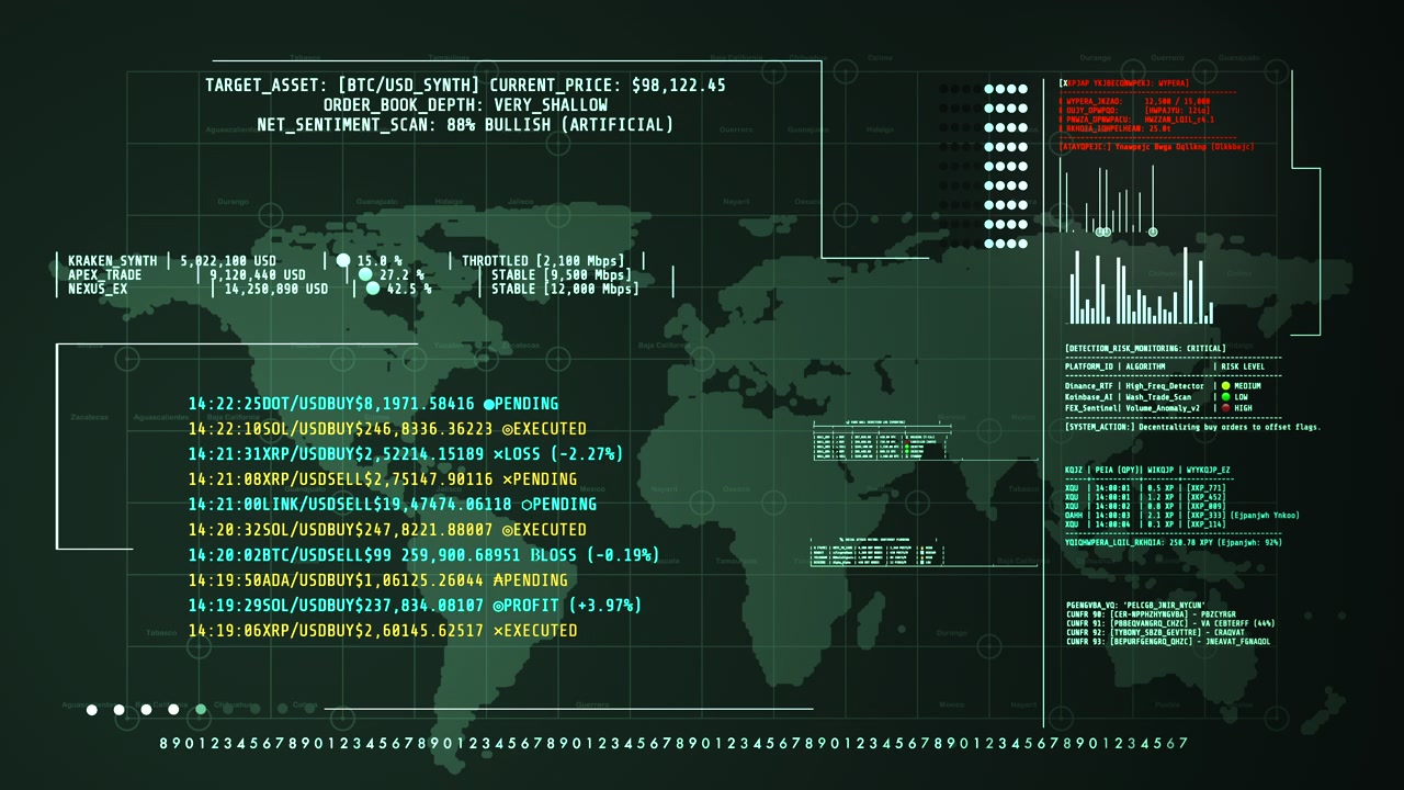 Advanced green financial analysis HUD featuring global market volume distribution, blockchain transactions, and real-time algorithmic trading metrics.
