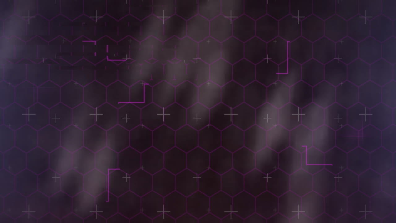 Hexagonal grid pattern with purple lines and plus signs on dark background animation