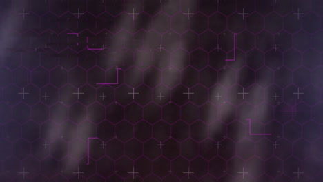hexagonal grid pattern with purple lines and plus signs on dark background animation