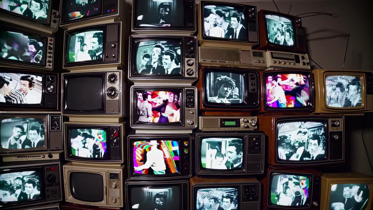 A retro video wall of vintage TVs displaying black-and-white and colorful static images