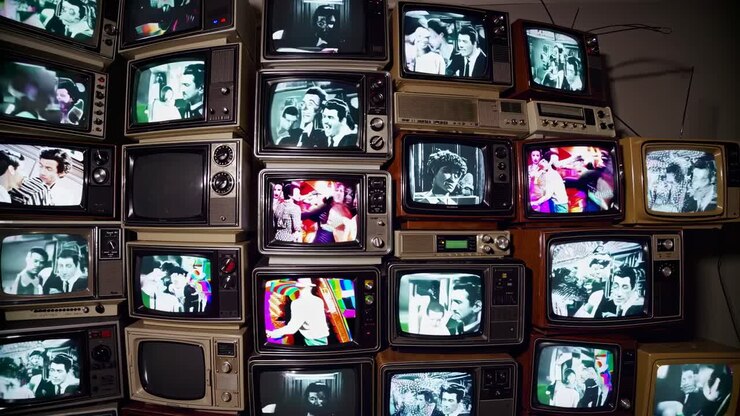 Una pared de vídeo retro con televisores antiguos que muestran imágenes estáticas en blanco y negro y a color