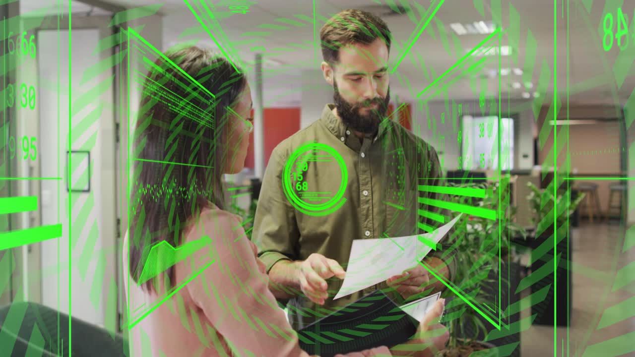 Woman offering paper, man studying pointing while green HUD shifting over paper for business review