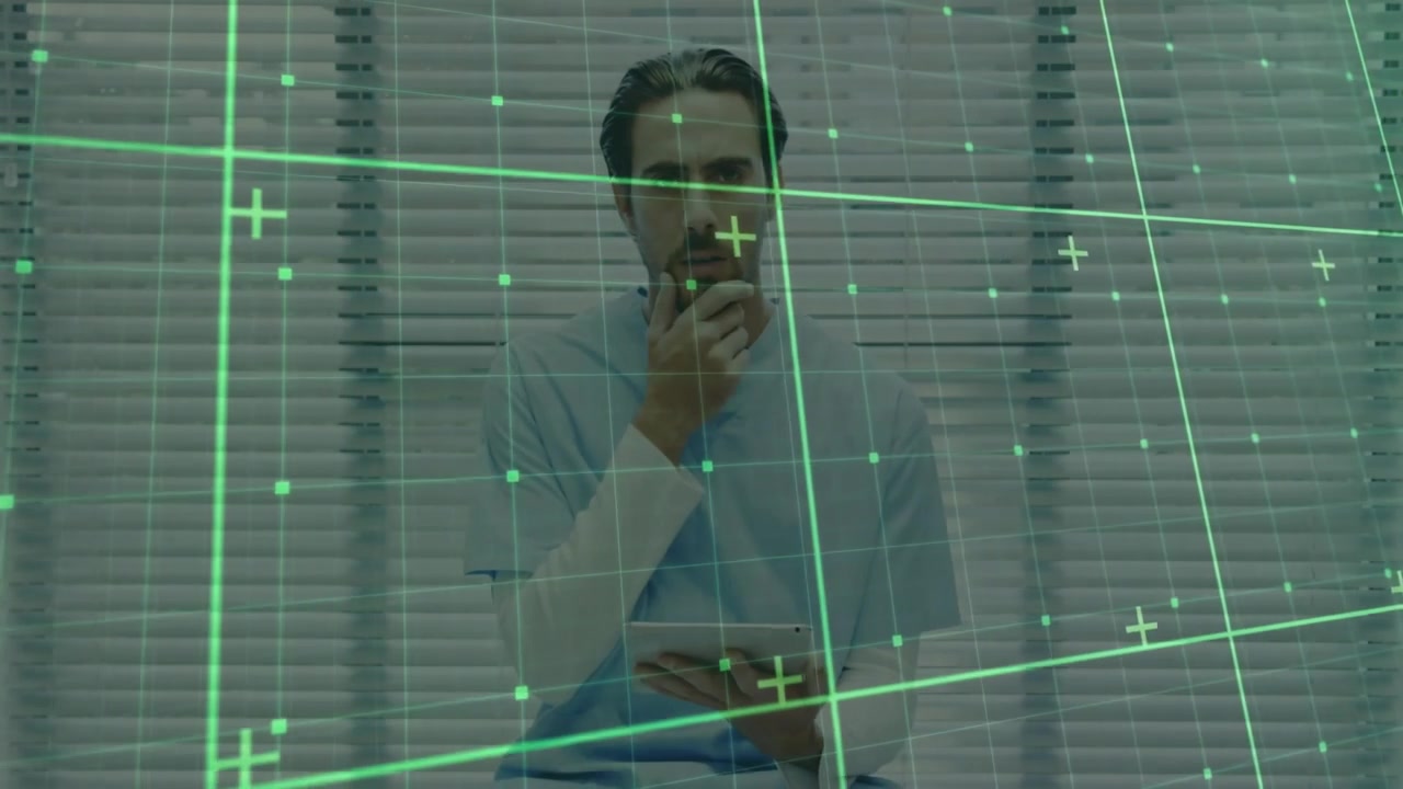 Doctor Using Tablet with Digital Data Overlay in Hospital