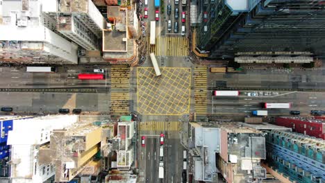 downtown hong kong buildings, crosswalk and traffic, high altitude aerial view