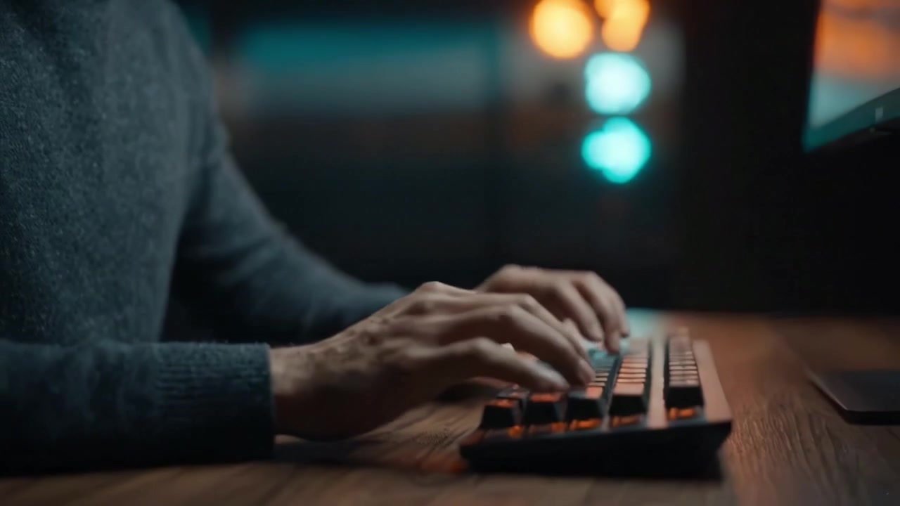 Geconcentreerd individu verdiept in digitale activiteit, verlicht door zachte verlichting en levendige kleuren, wat momenten van concentratie en intellectuele betrokkenheid benadrukt.