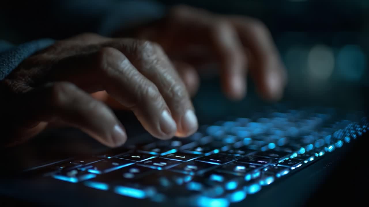 A Close-Up Focus on Hands Typing on a Backlit Keyboard at Night, Highlighting the Precision and Skill Involved in Modern Digital Communication