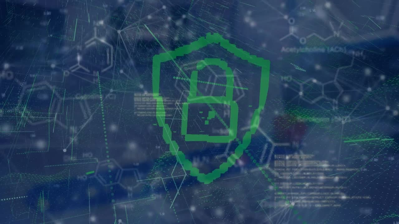 animación del icono del candado de seguridad y procesamiento de datos sobre la estructura química y la onda digital
