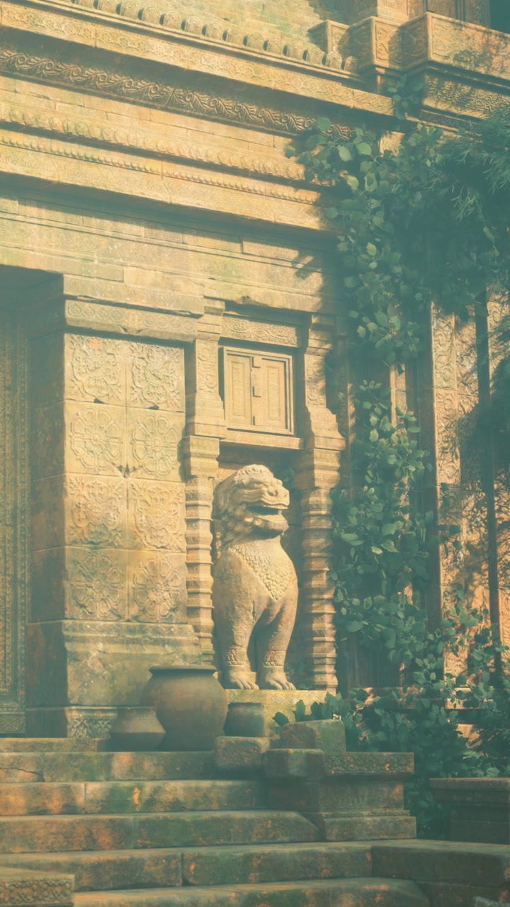 Majestic guardian statue watches over ancient temple entrance at dawn