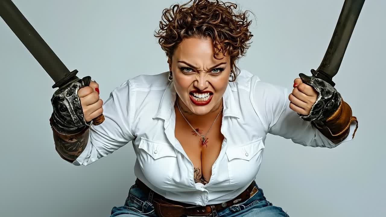 A woman in a white shirt holding two swords