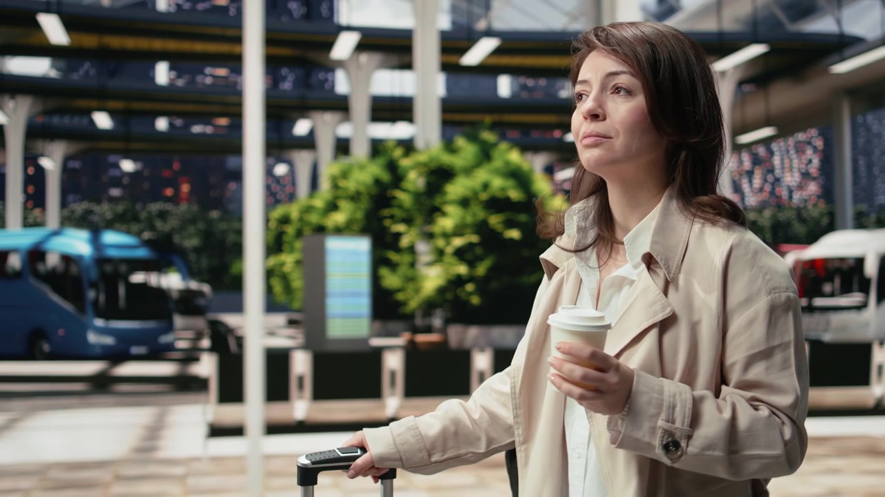 Close up of traveler carrying warm drink cup and trolley in bus terminal