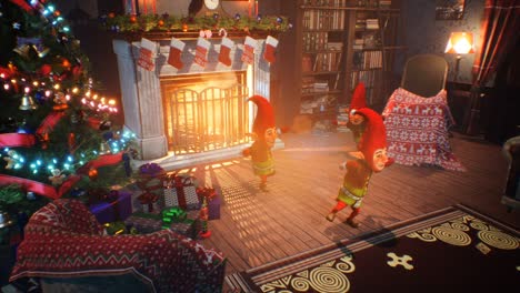 jolly elves dancing in santa claus' house on christmas eve. christmas and new year's eve atmosphere concept. the looped animation is ideal for festive, christmas and new year's eve backgrounds.