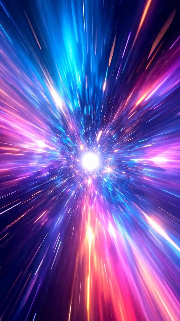 Vista frontale di un nucleo luminoso bianco-blu al centro, fitte macchie di stelle, nuvole di nebulosa al neon e scie di luce multicolore che si diffondono verso l'esterno attraverso lo spazio profondo con movimento vivido e alto contrasto.