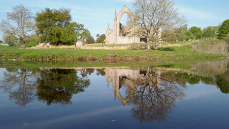 tilting down shot of bolton abbey ruins on beautiful summer’s morning in yorkshire, england