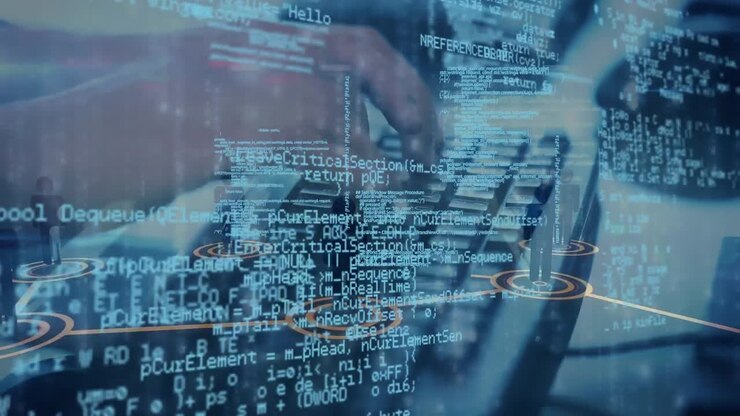 Animation of person typing on computer keyboard, data processing and network of connections