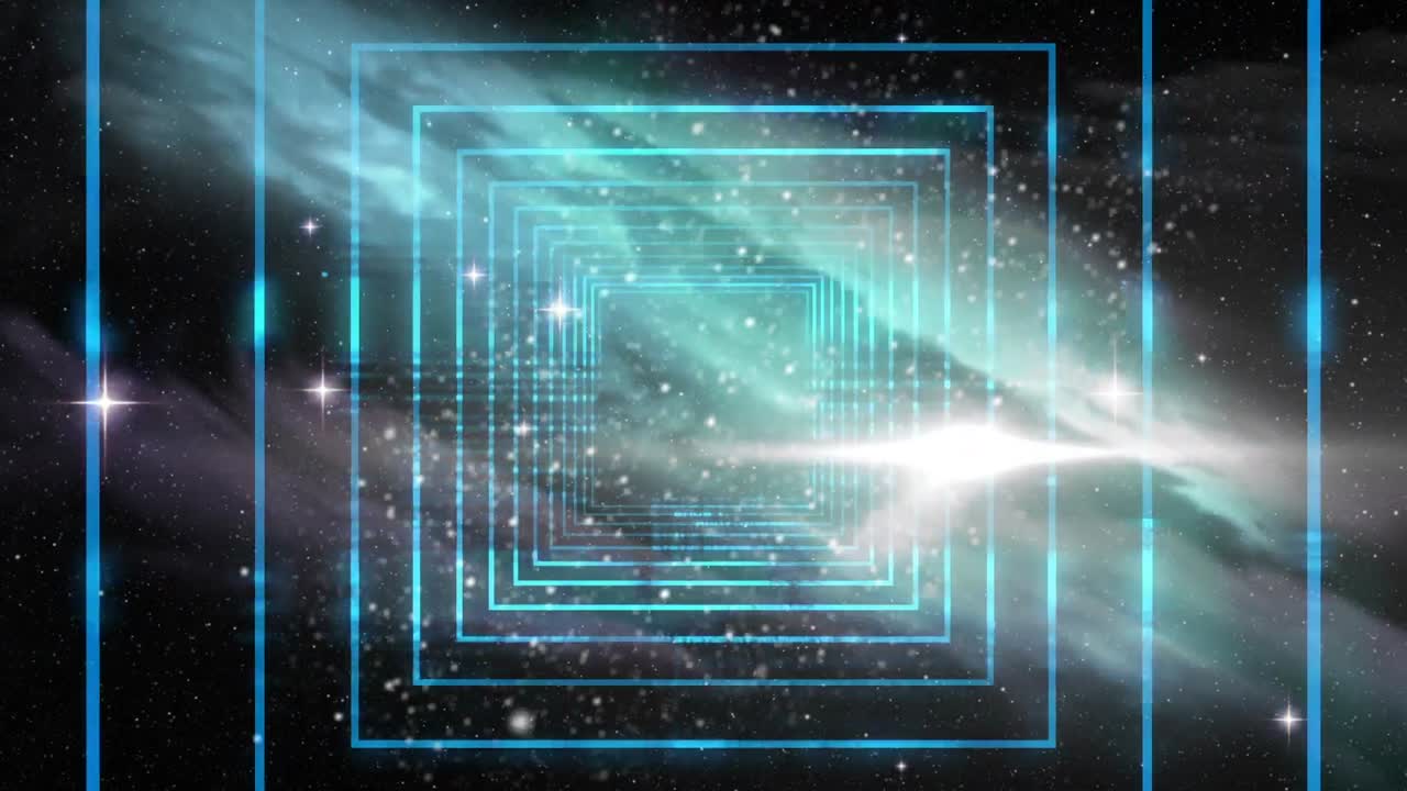 공간에서 반 ⁇ 이는 별과 비교하여 끊임없는 움직임으로 파란색 사각형 모양의 디지털 애니메이션