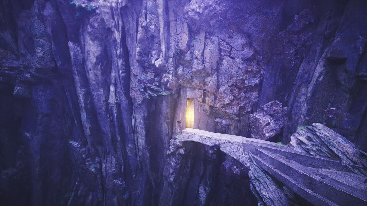 Vista dal portale sul fianco della scogliera, con passerella sospesa lungo una gola illuminata di viola intenso.