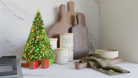 small christmas tree and kitchenware in the corner of a kitchen - 3d render