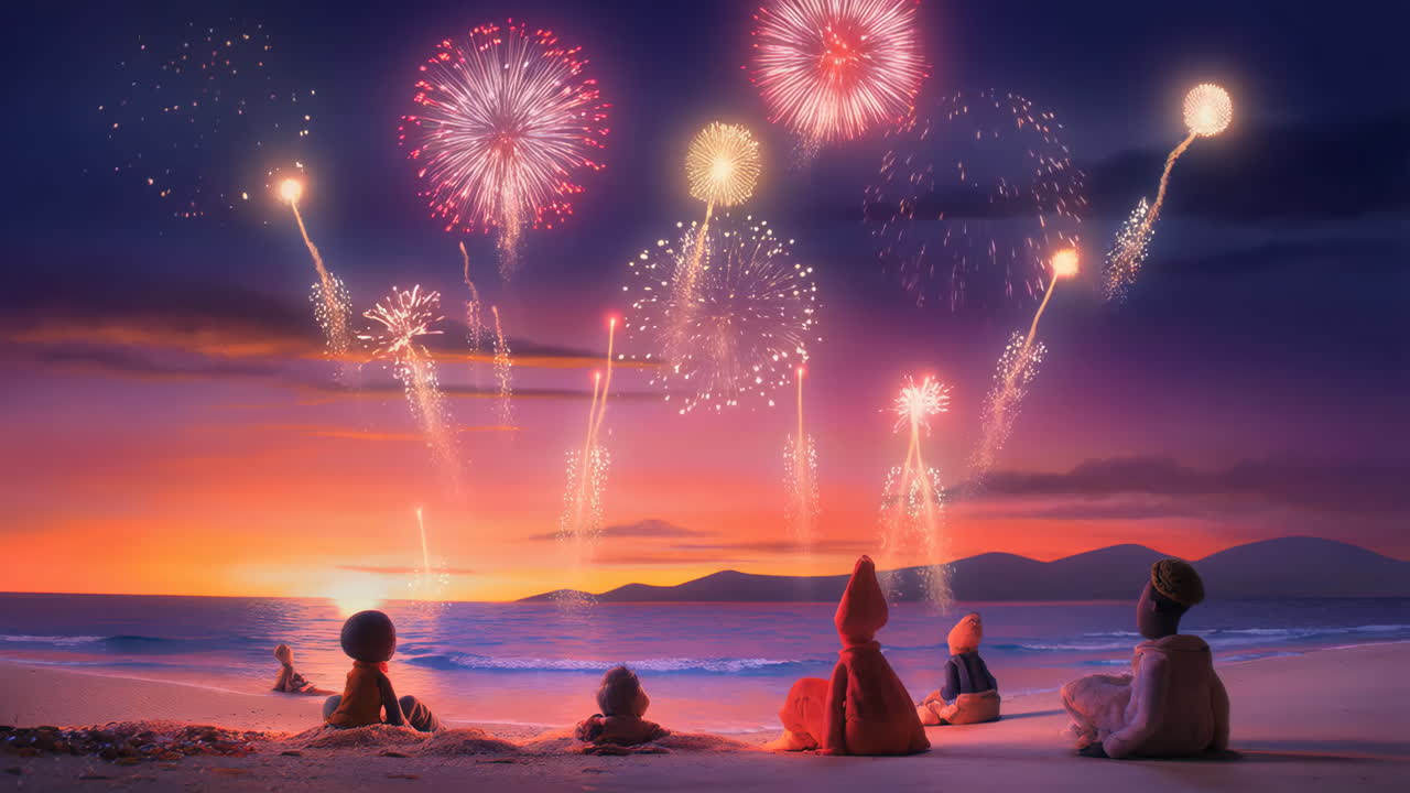 Children Watching a Spectacular Fireworks Display on the Beach at Sunset