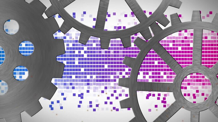 Animazione di ingranaggi interconnessi con pixel colorati, che simboleggiano l'innovazione tecnologica