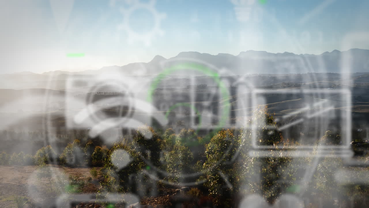 풍경 위에 떠다니는 디지털 아이콘의 애니메이션