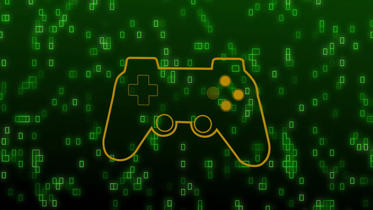 Animation of game controller over digital green matrix with glowing symbols