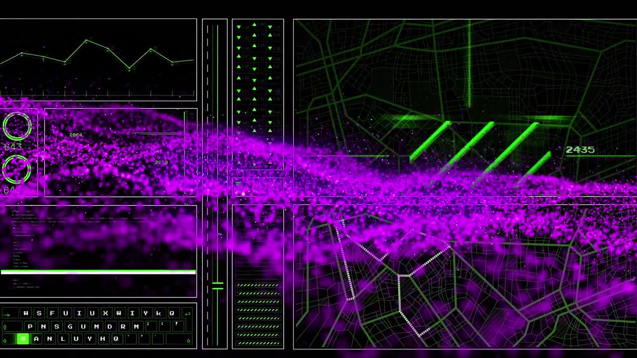 animaciones de la interfaz digital y la onda púrpura sobre un fondo oscuro