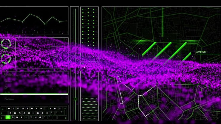 Animations of digital interface and purple wave on dark background