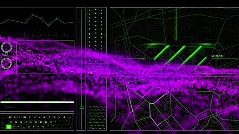 Animations of digital interface and purple wave on dark background
