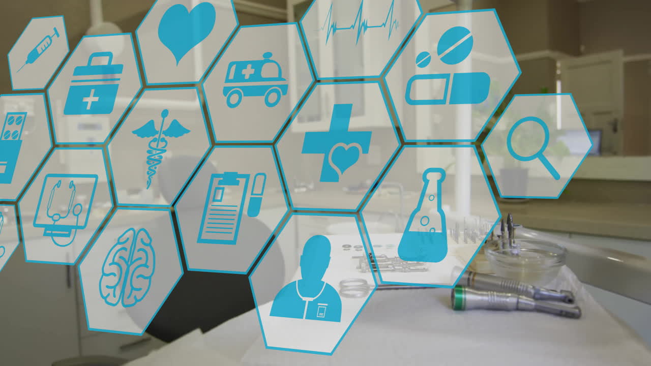 Animation of network of medical icons over doctor's surgery