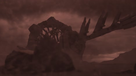 cinematic shot of a stormy ancient alien crash site, with a smooth tracking shot of a vast hulk of a derelict space ship in the distance, through an electrical silicate storm - red color scheme