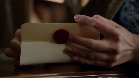 close-up of hands holding an envelope with a red wax seal