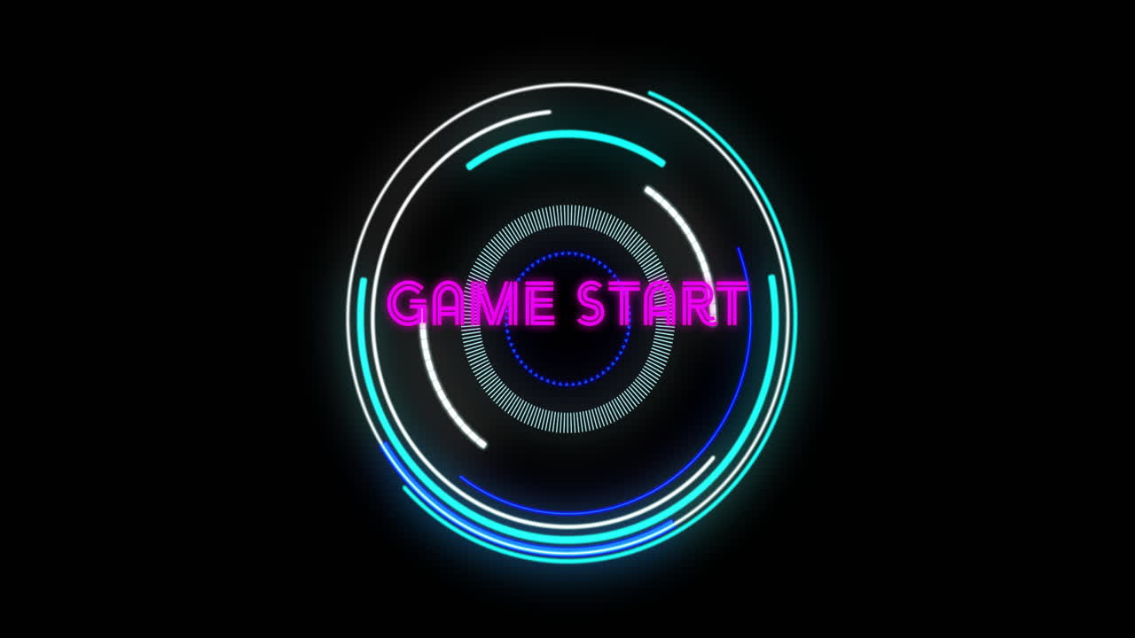 Game Start text with neon circular animation on black background