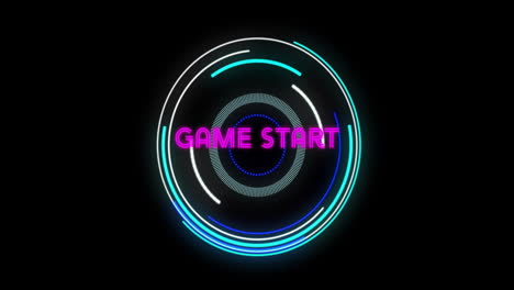game start text with neon circular animation on black background