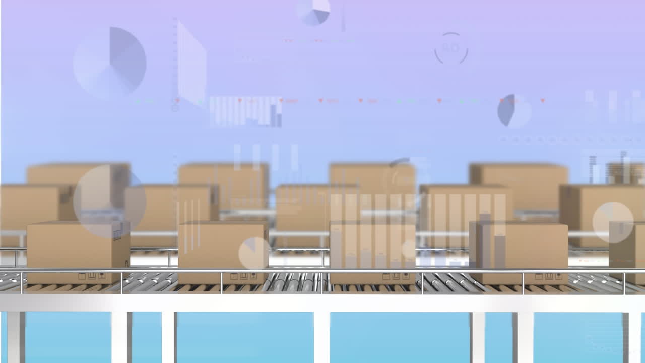 그래디언트 배경에 대한 컨베이어 벨트에 있는 상자 위의 통계 데이터 처리의 애니메이션