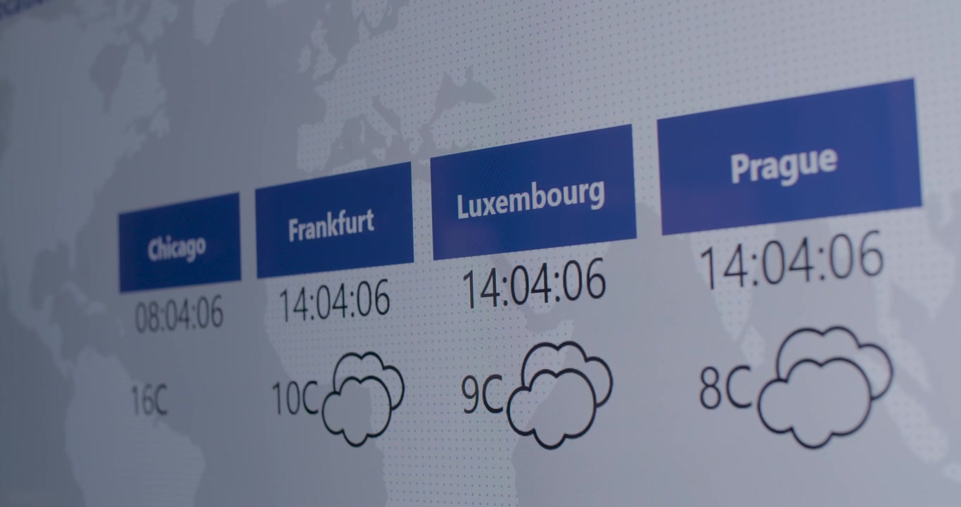Digital display showing current weather and time for various cities worldwide, rack focus