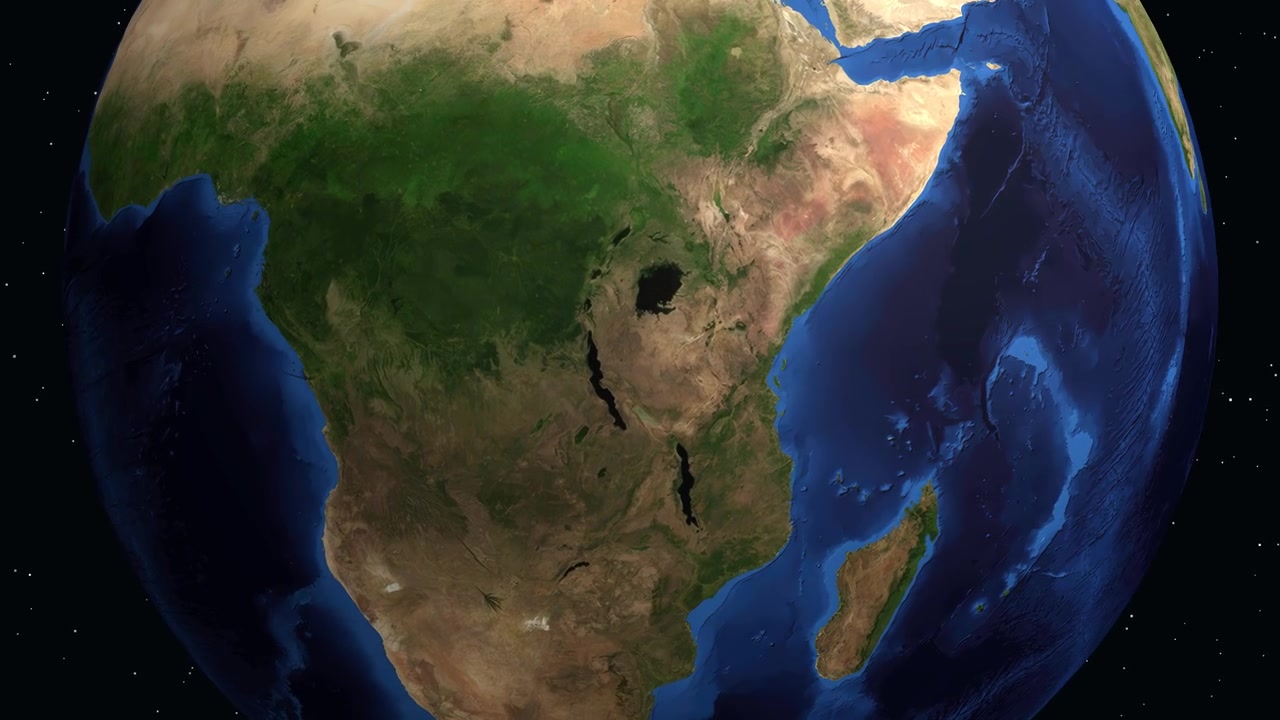 Vista satellitare con zoom dal profondo spazio sul continente africano, focalizzandosi su Mbuji Mayi