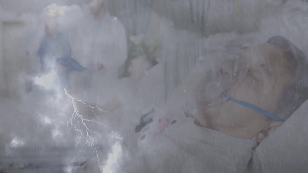 병원에서 산소 마스크를 착용하고 번개를  ⁇ 는 아픈 남성들의 애니메이션