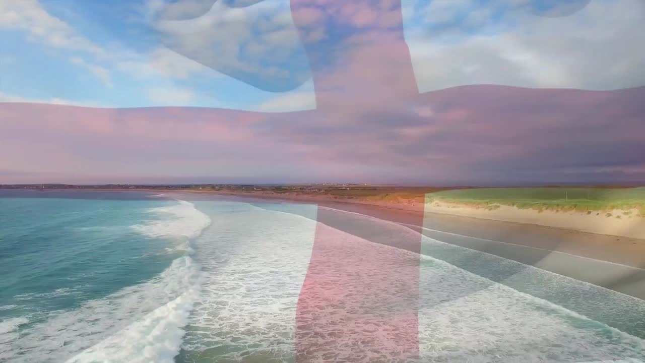 animación de la bandera de inglaterra ondeando sobre el paisaje de la playa