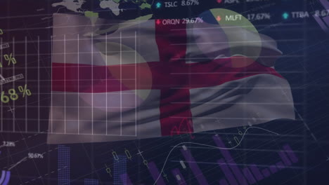 animation of data processing and graphs over flag of england on black background