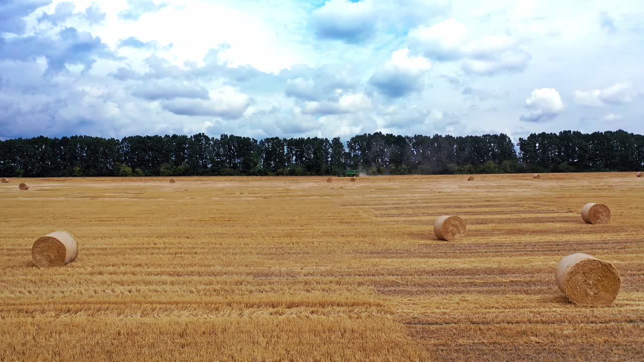 Flying back over the hayfield with pressed bales. Round dried bales laying on the yellow field in summer daytime. Motion camera back.